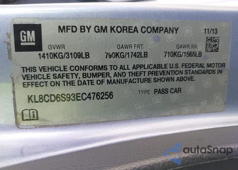 2014 Chevrolet Spark 1Lt Auto из США, поврежденный, VIN KL8CD6S93EC476256